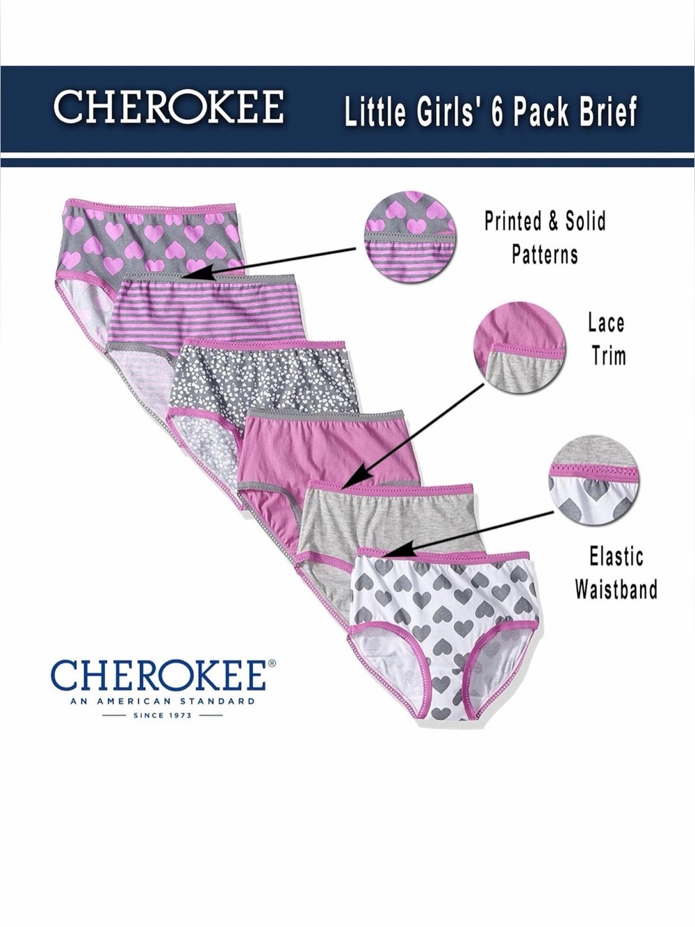 Cherokee Girls Pink & Gray Patterned Briefs - 6 Pack - Picture 2 of 4
